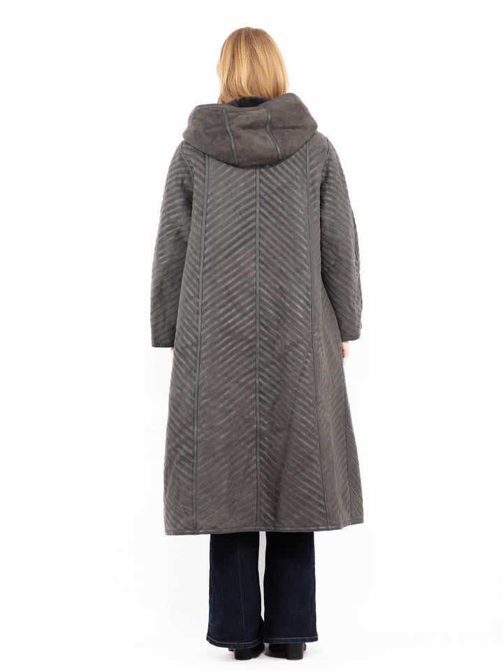 Vintage 80's Women Reversible Sheepskin Long Coat in Gray
