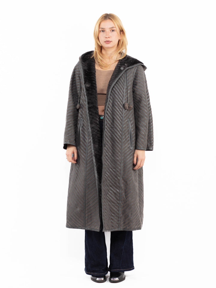 Vintage 80's Women Reversible Sheepskin Long Coat in Gray