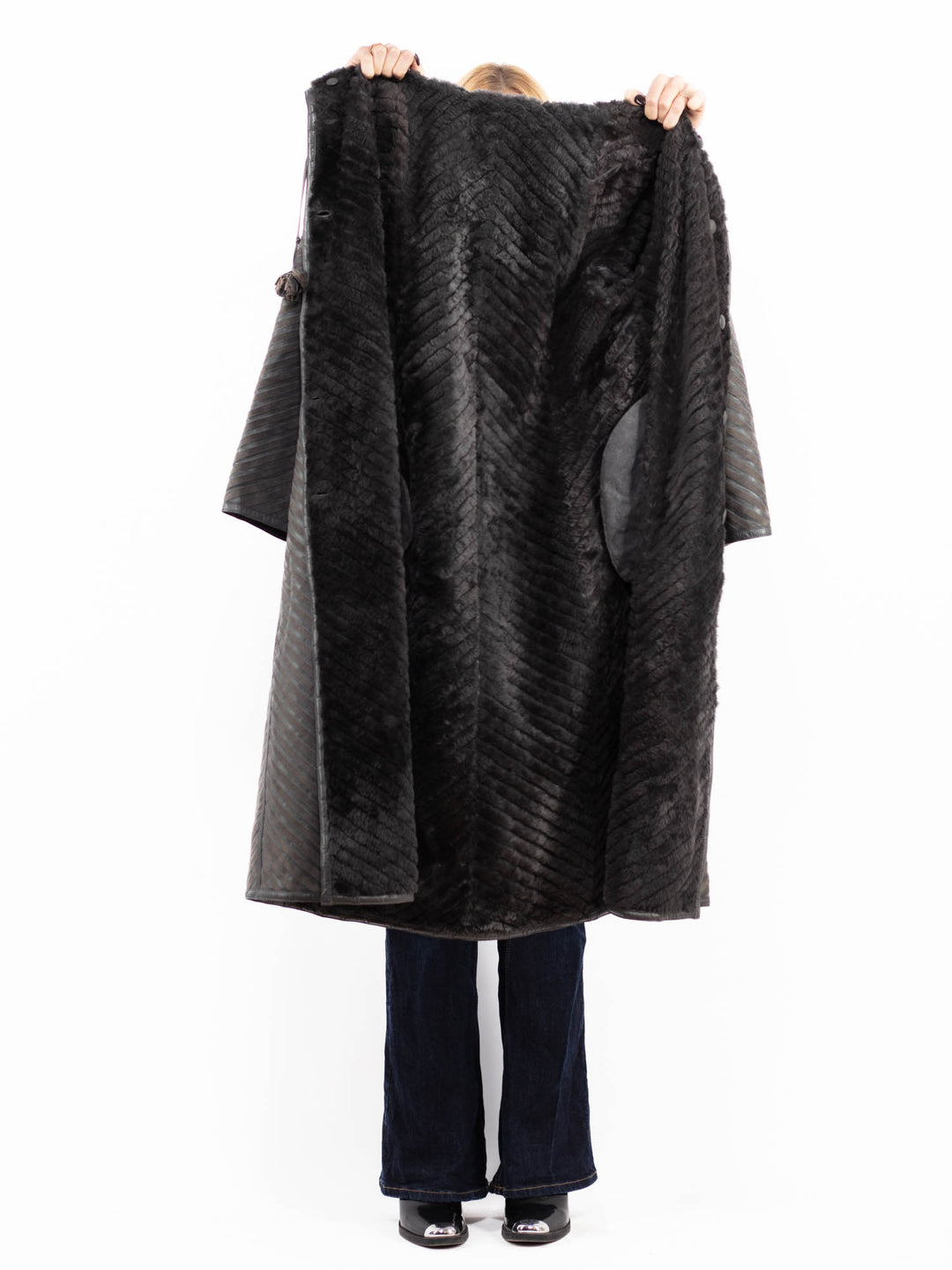 Vintage 80's Women Reversible Sheepskin Long Coat in Gray
