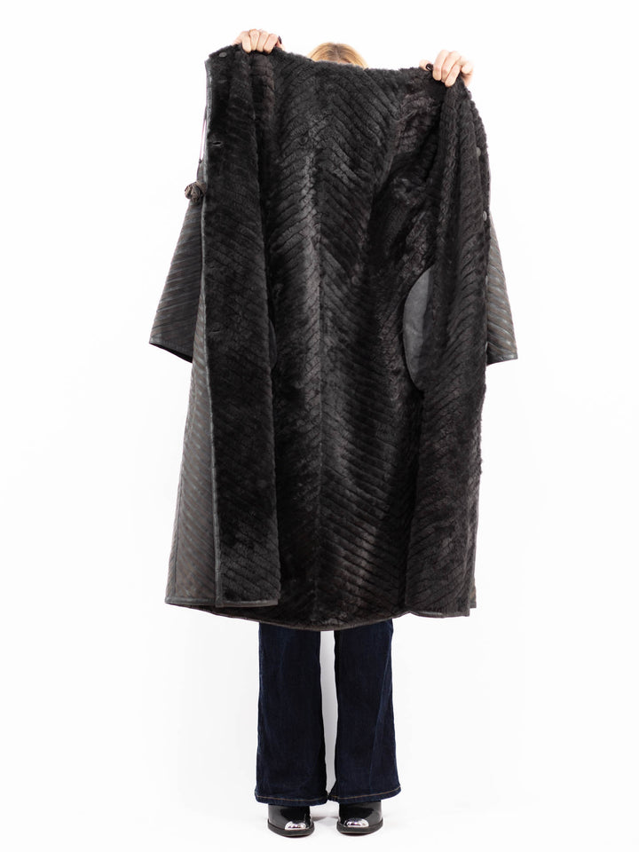 Vintage 80's Women Reversible Sheepskin Long Coat in Gray
