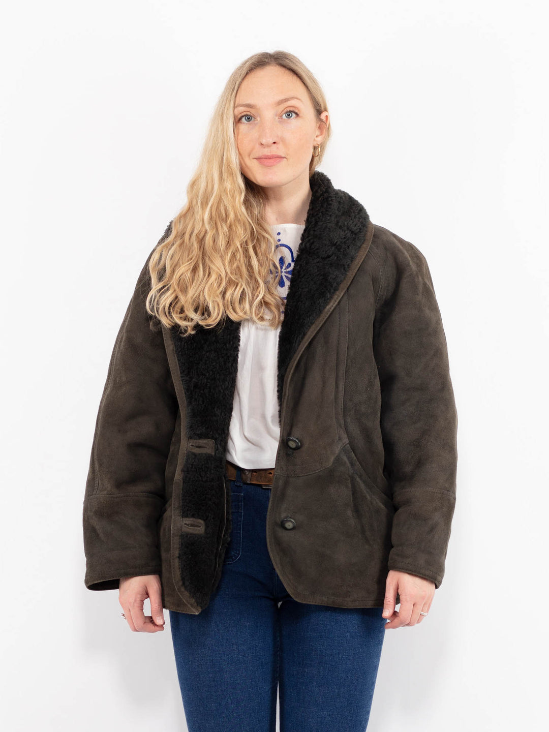 Vintage 80's Women Sheepskin Shearling Coat in Gray