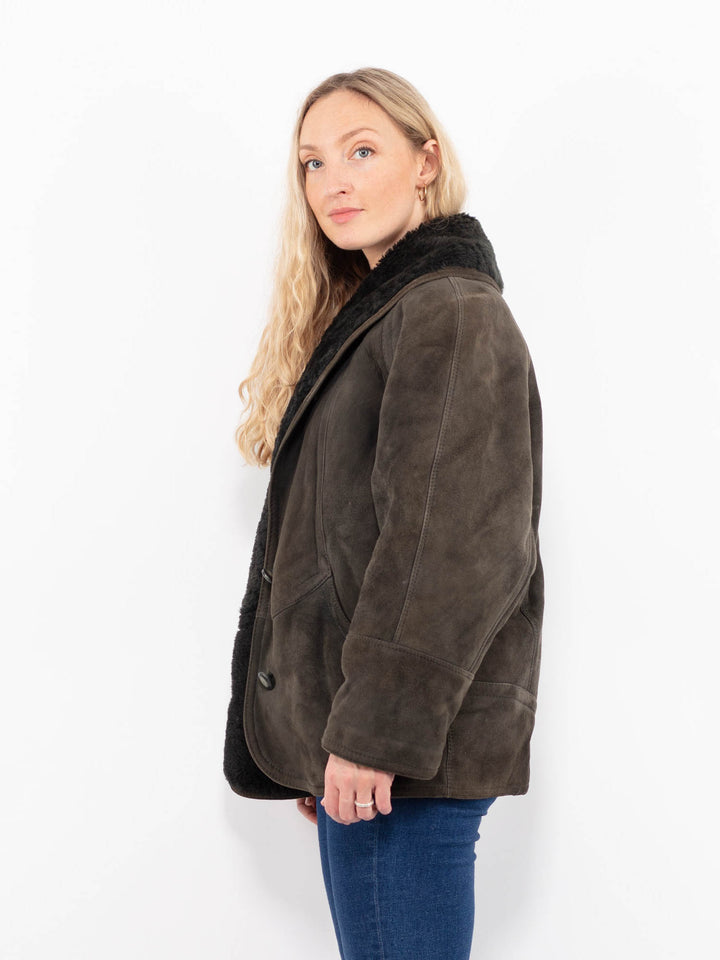 Vintage 80's Women Sheepskin Shearling Coat in Gray