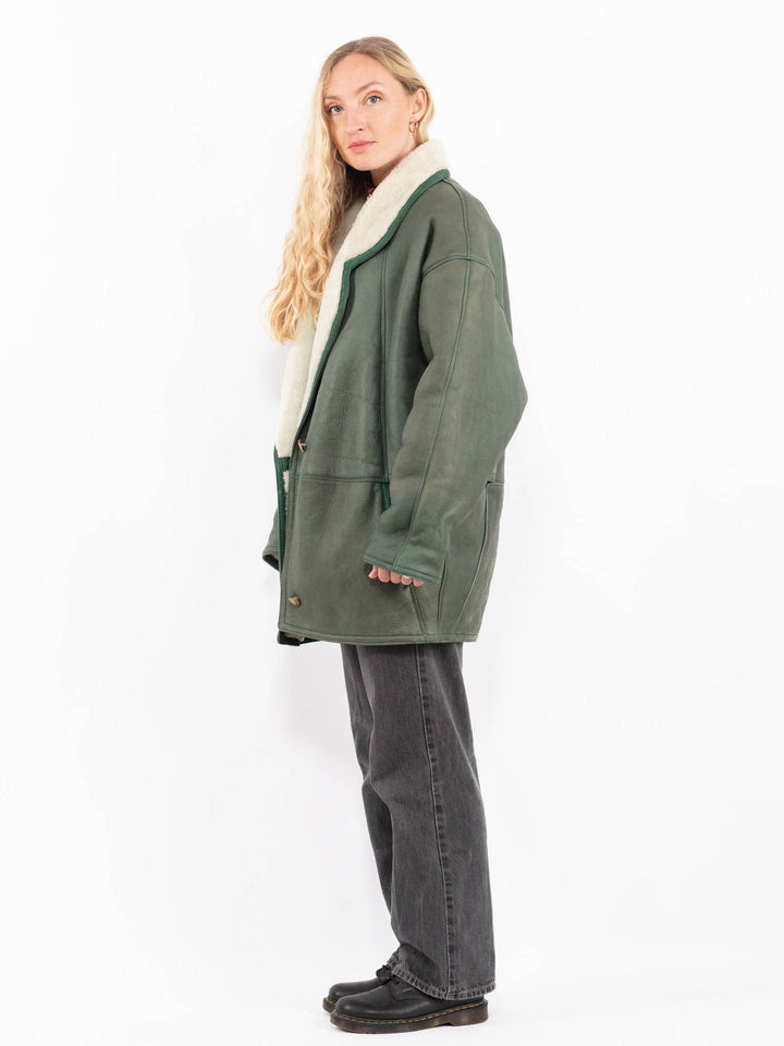 Vintage 80's Women Sheepskin Coat in GreenA0656