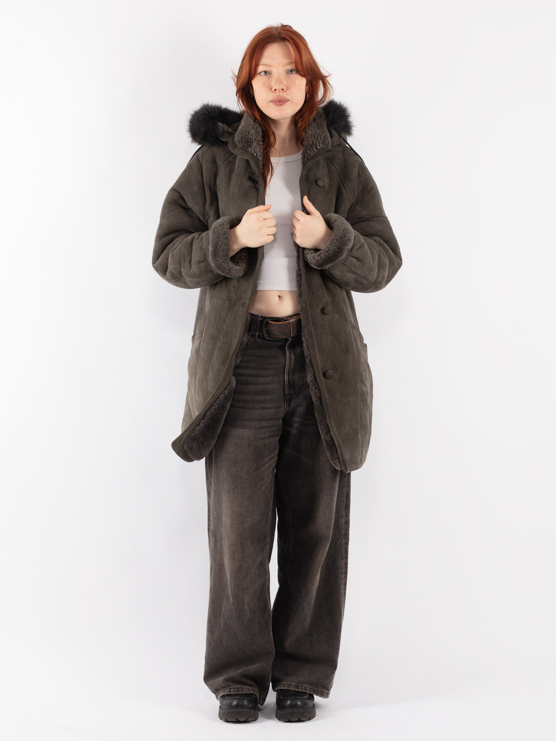 Vintage 80's Women Sheepskin Coat in Gray