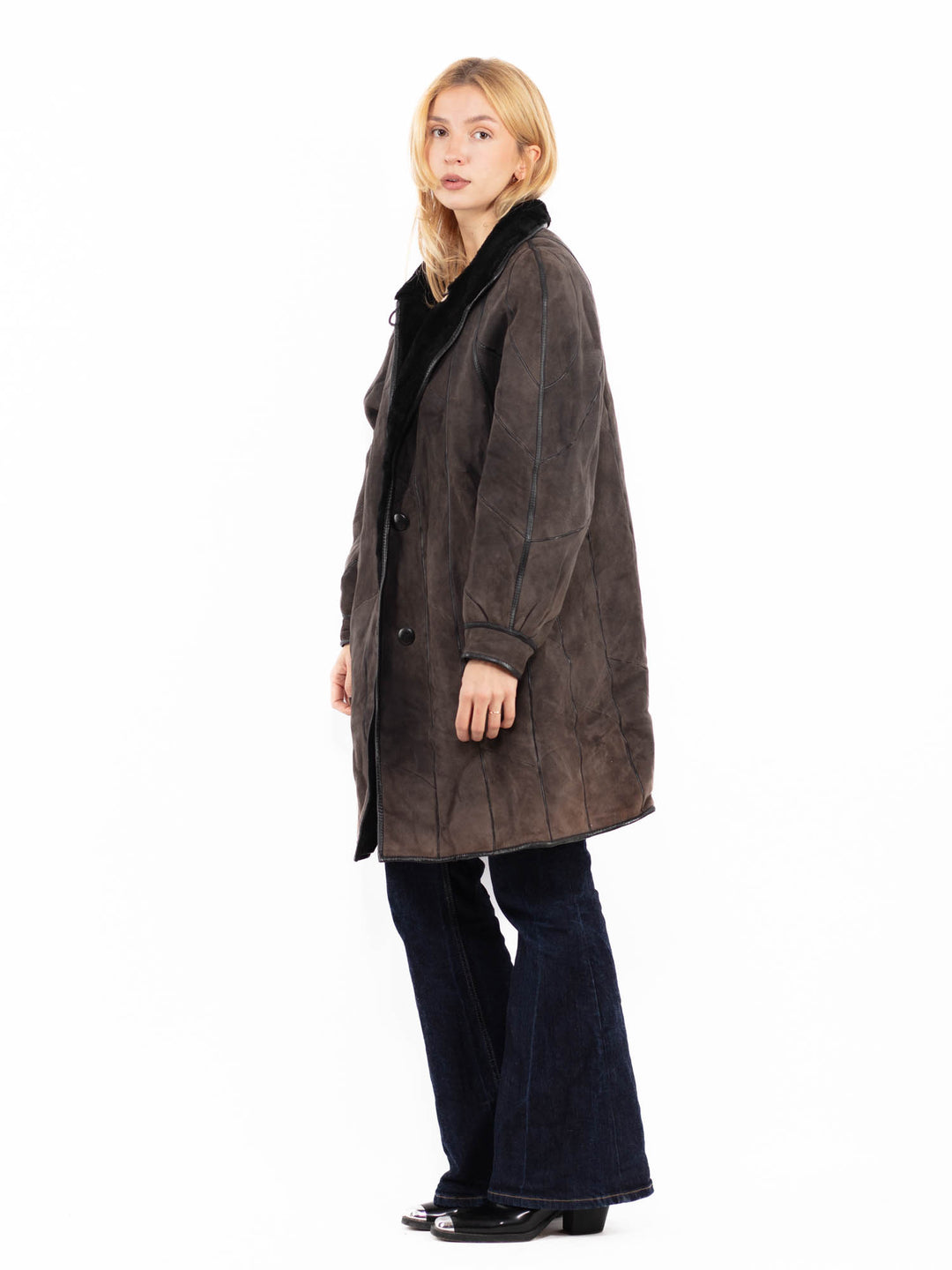 Vintage 80's Women Sheepskin Coat in Faded gray