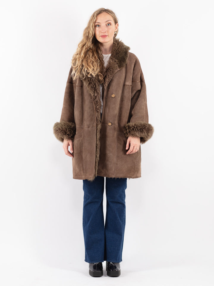 Vintage 80's Women Sheepskin Shearling Coat in Brown
