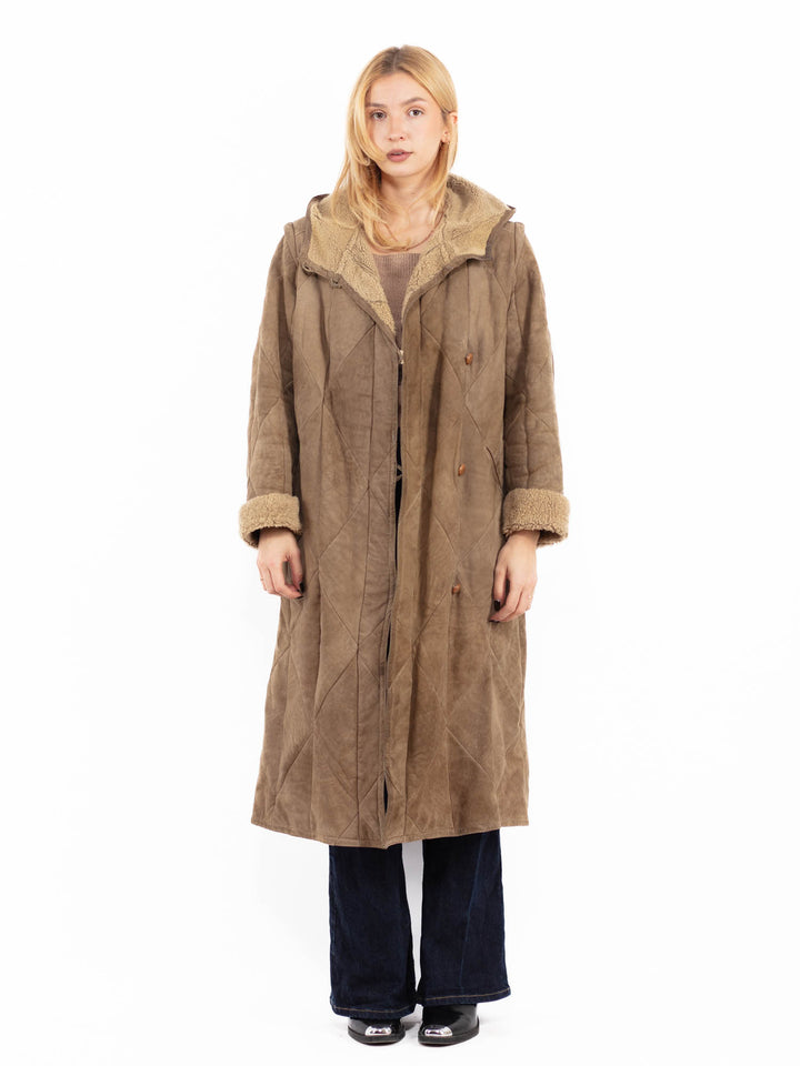 Vintage 80's Women Sheepskin Long Coat in Dark beige