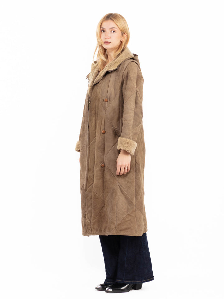 Vintage 80's Women Sheepskin Long Coat in Dark beige