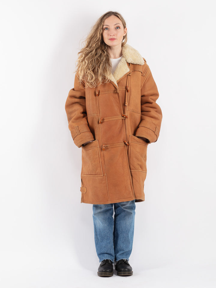 Vintage 80's Women Sheepskin Shearling Coat in Brown
