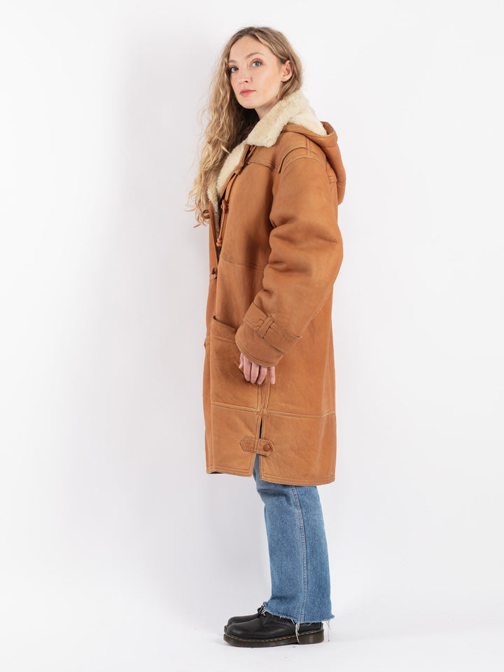 Vintage 80's Women Sheepskin Shearling Coat in Brown