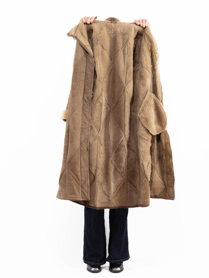 Vintage 80's Women Sheepskin Long Coat in Dark beige