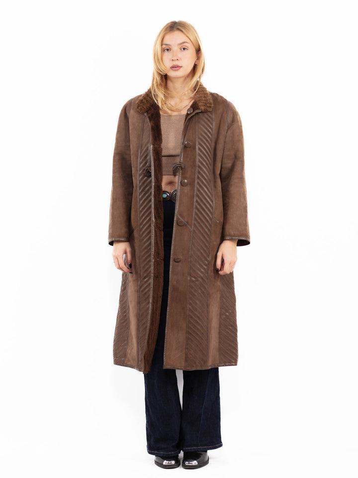 Vintage 80's Women Reversible Sheepskin Long Coat in Brown