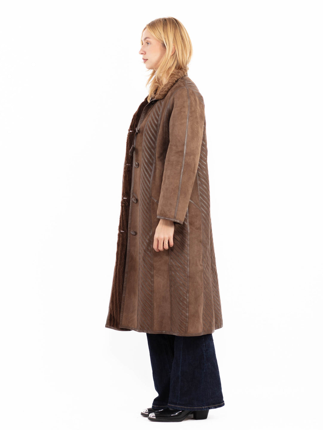 Vintage 80's Women Reversible Sheepskin Long Coat in Brown