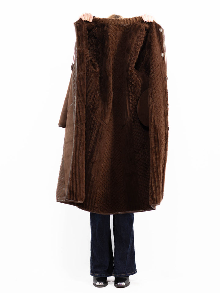 Vintage 80's Women Reversible Sheepskin Long Coat in Brown