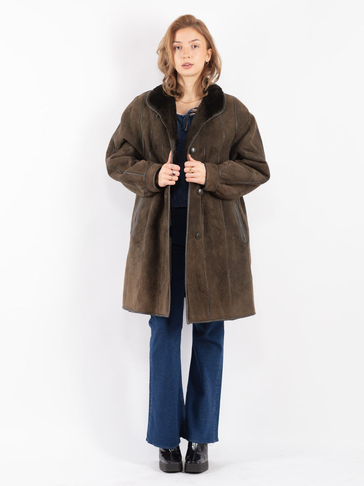 Vintage 80's Women Sheepskin Coat in Green