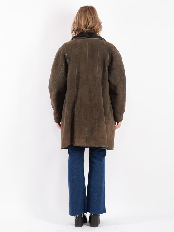 Vintage 80's Women Sheepskin Coat in Green