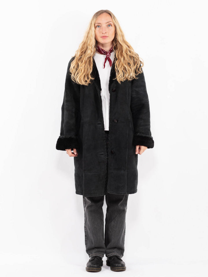 Vintage 80's Women Sheepskin Shearling Coat in BlackA0668