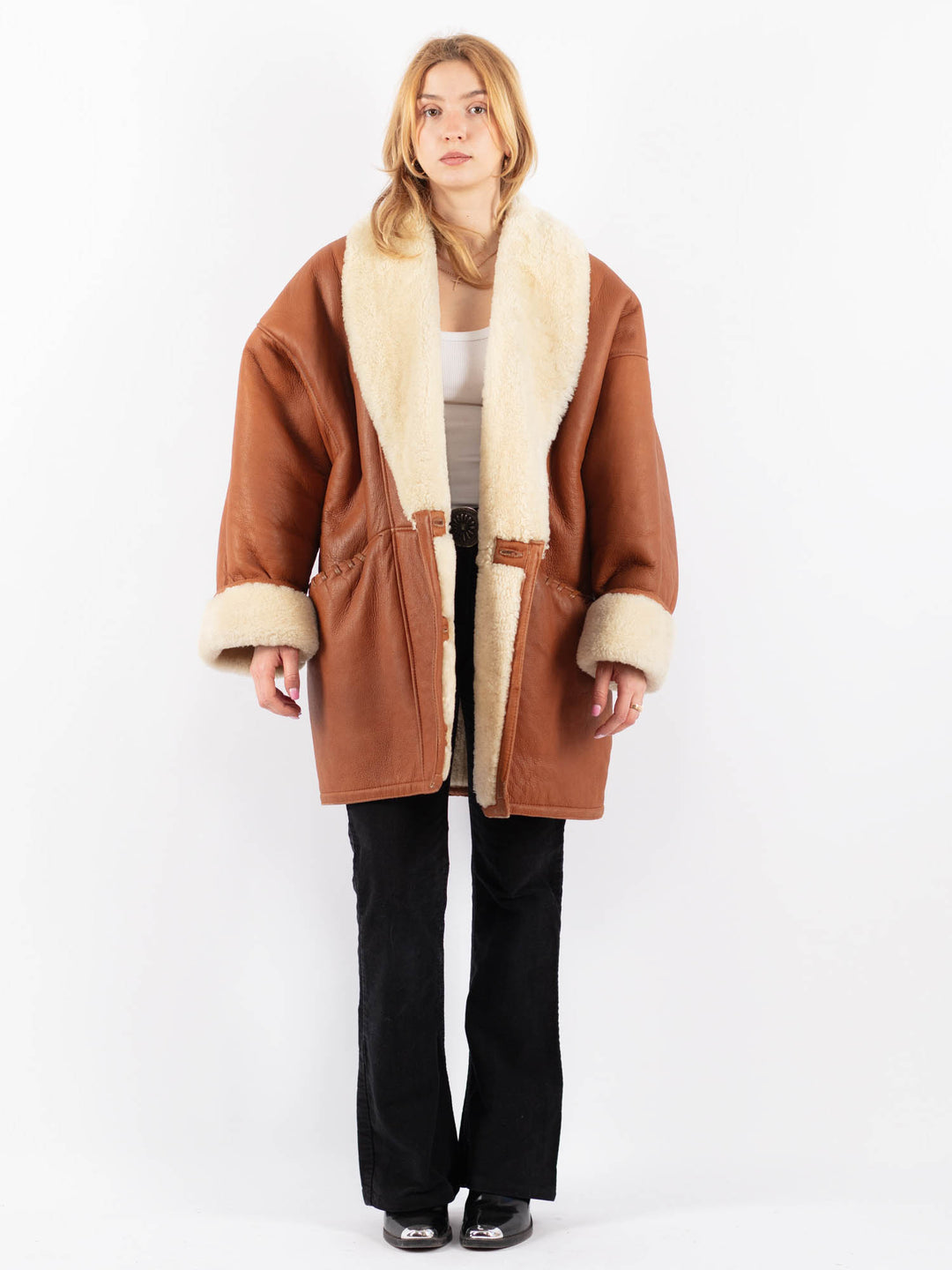 Vintage 80's Women Sheepskin Shearling Coat in BrownV9683