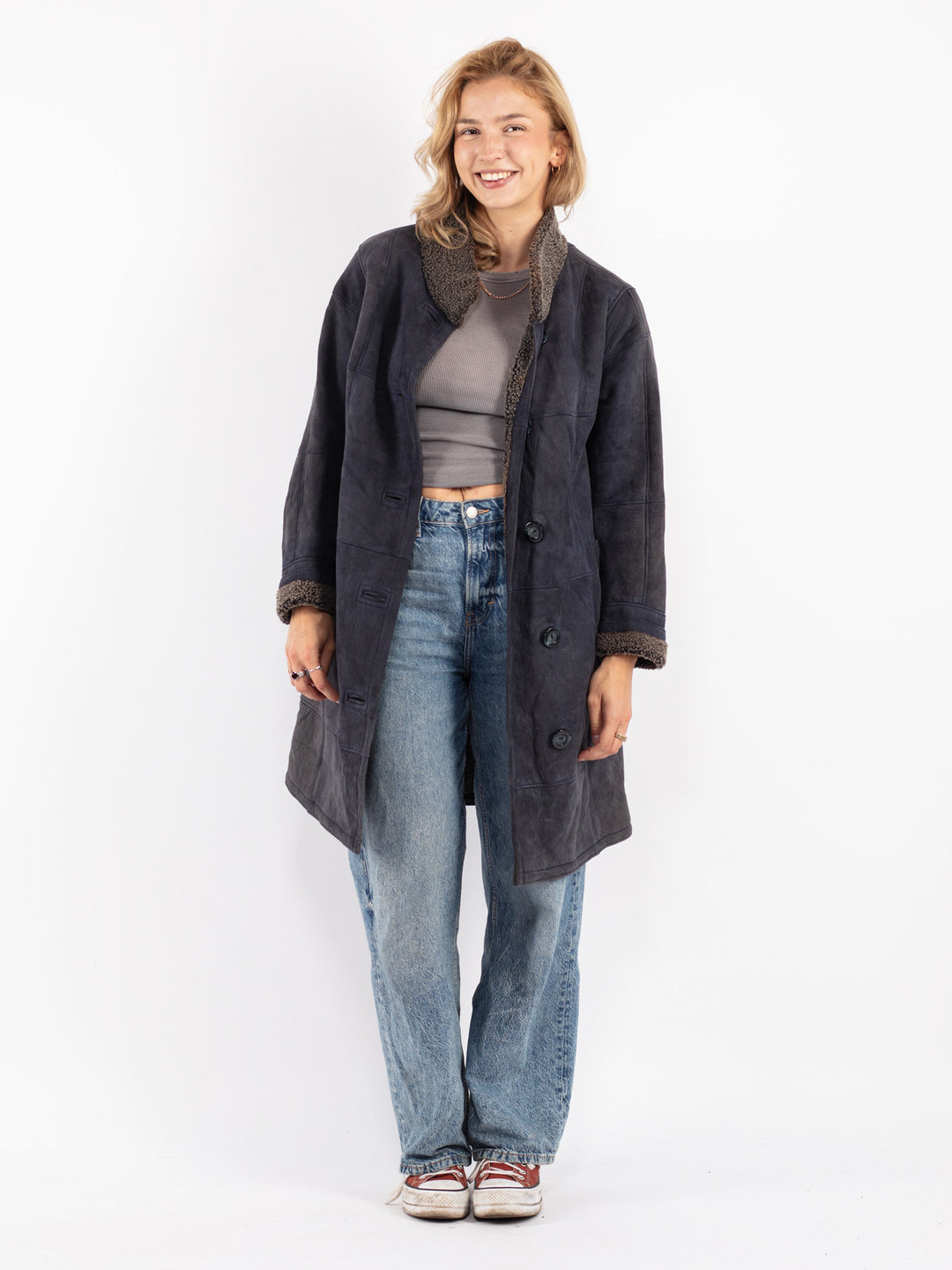 Vintage 80's Women Sheepskin Coat in Blue