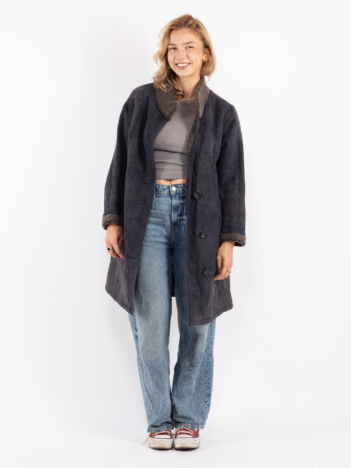 Vintage 80's Women Sheepskin Coat in Blue