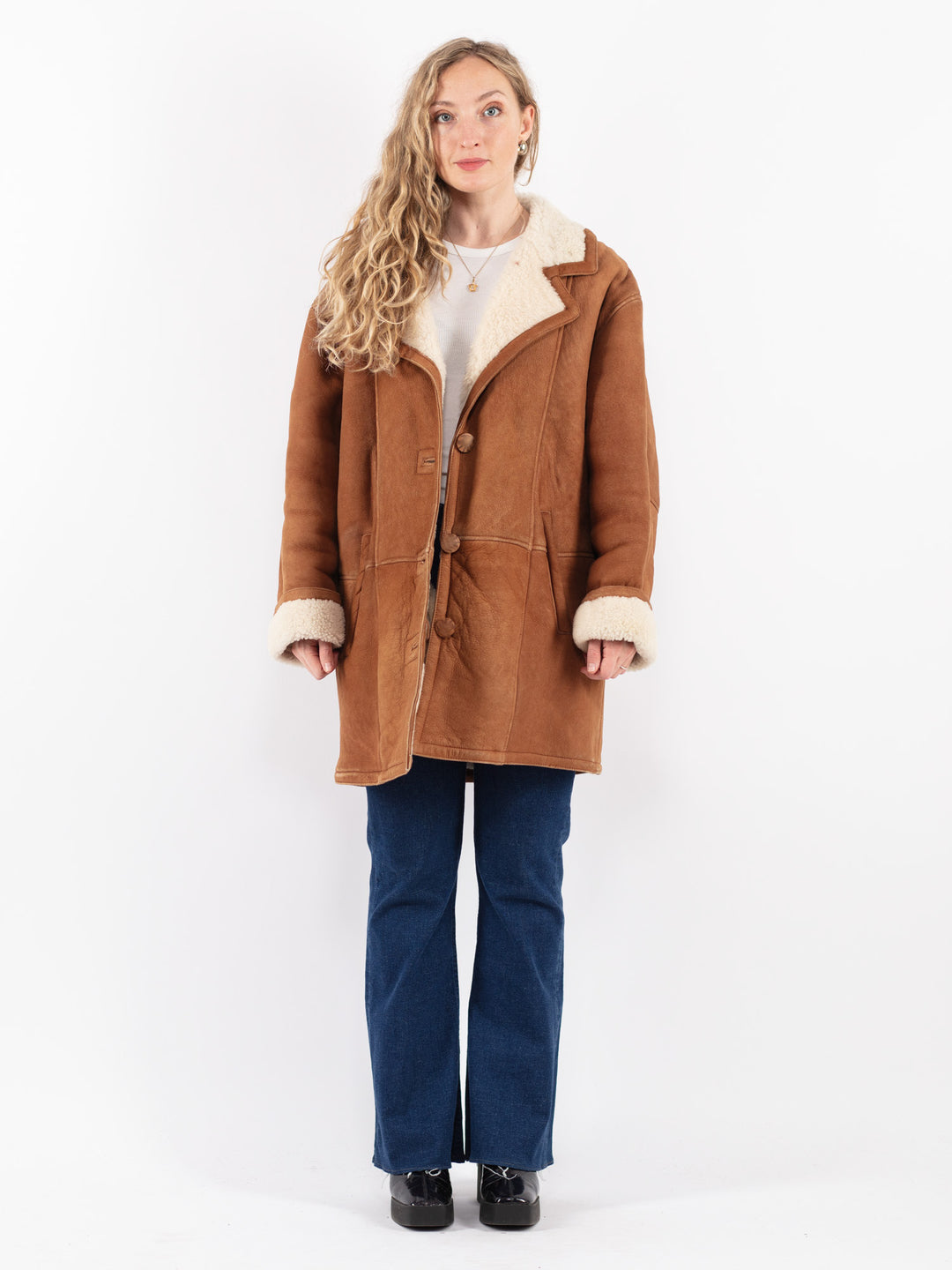 Vintage 80's Women Sheepskin Shearling Coat in Brown