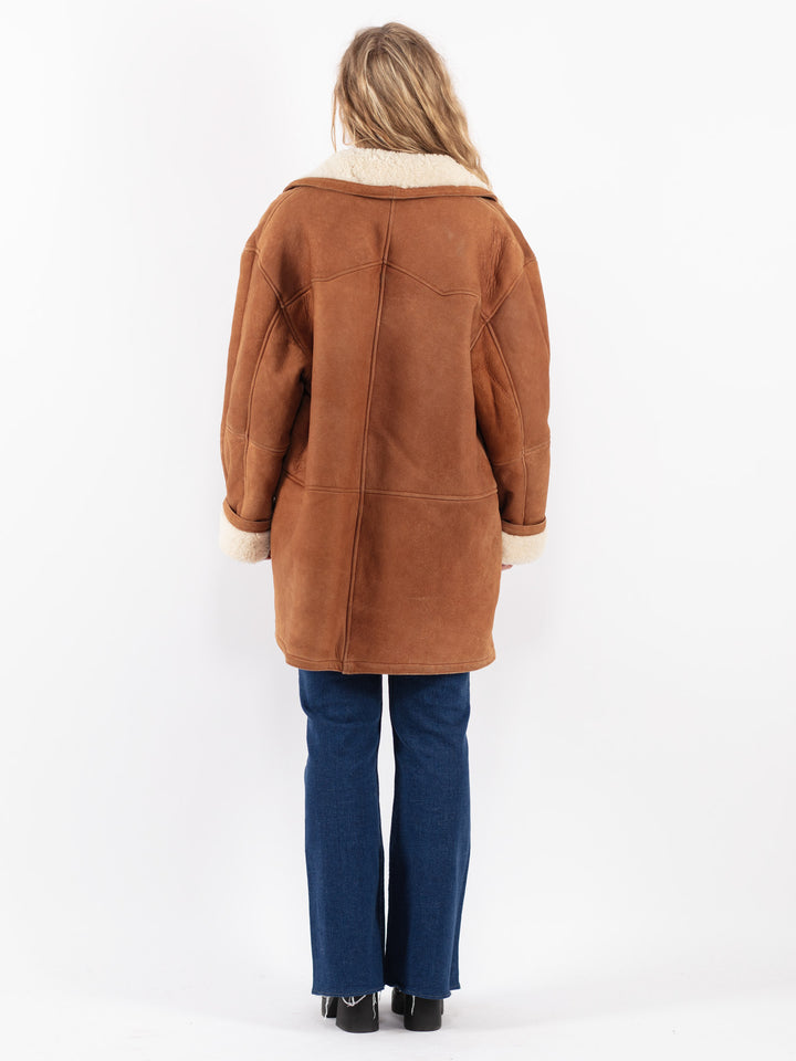 Vintage 80's Women Sheepskin Shearling Coat in Brown