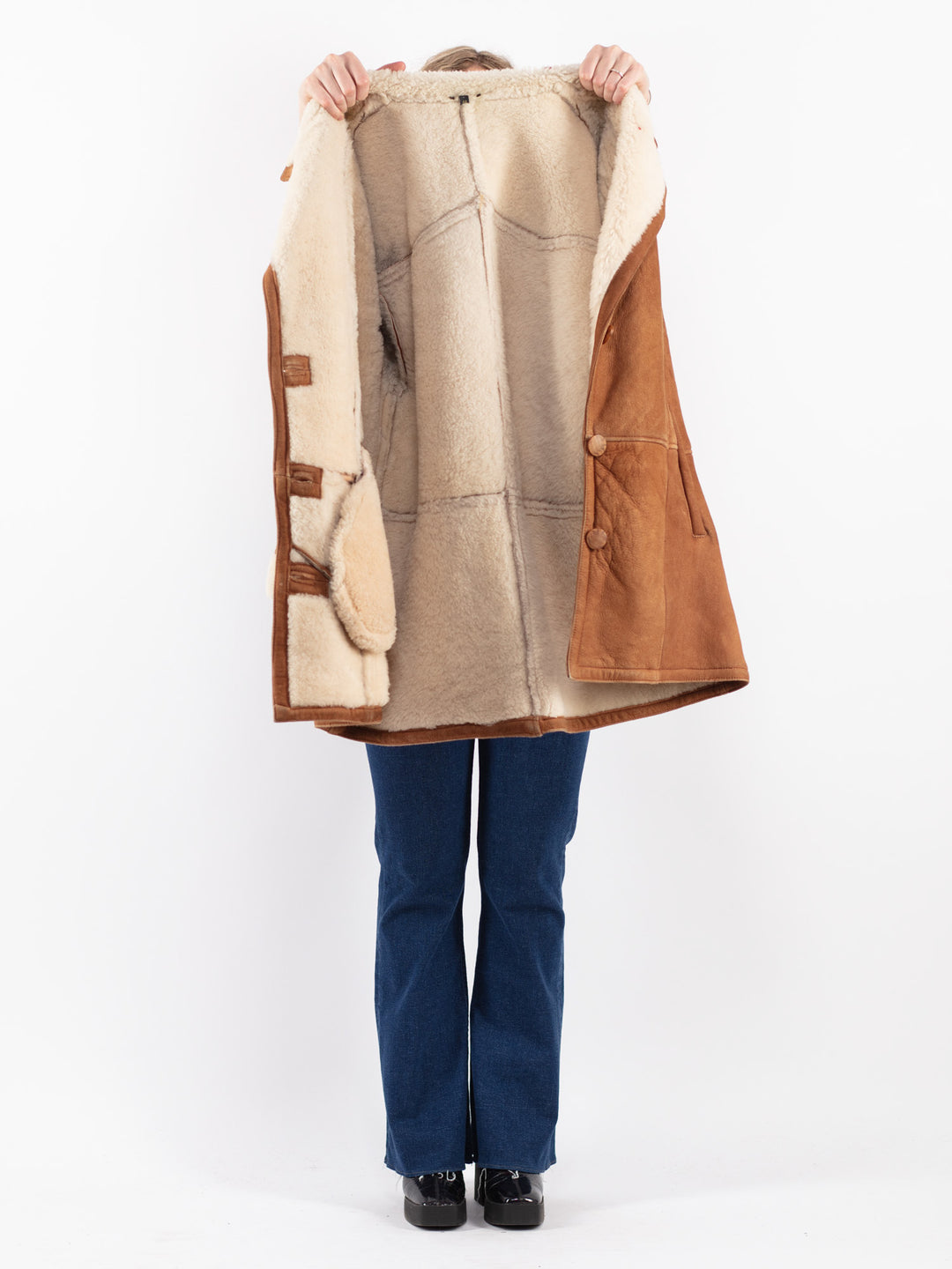 Vintage 80's Women Sheepskin Shearling Coat in Brown