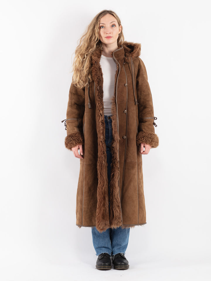 Vintage 80's Women Sheepskin Shearling Coat in Brown