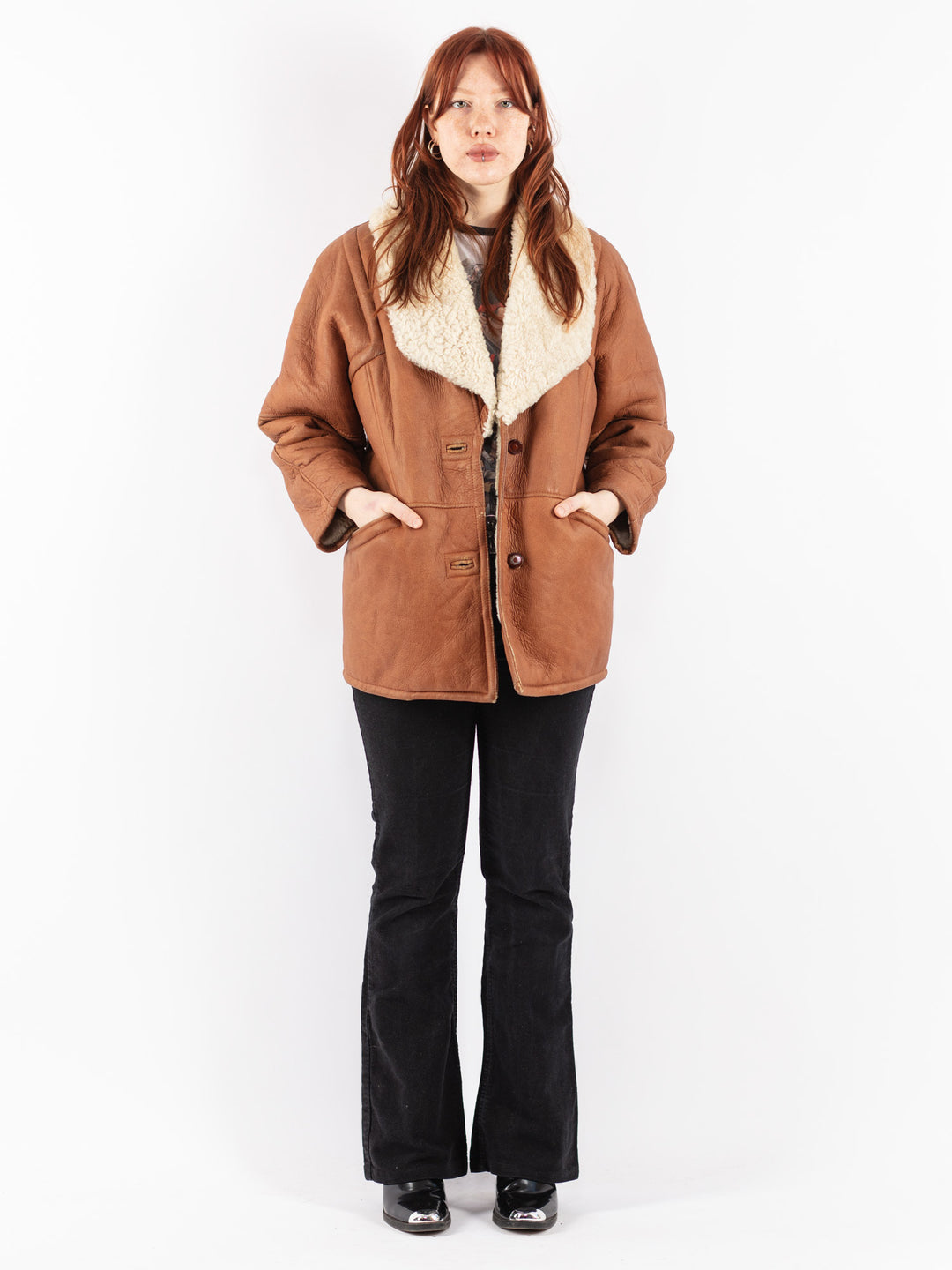 Vintage 80's Women Sheepskin Shearling Coat in Brown