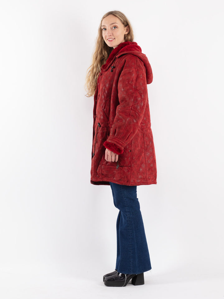 Vintage 80's Women Sheepskin Coat in Red