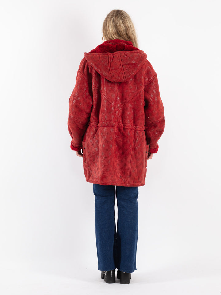 Vintage 80's Women Sheepskin Coat in Red