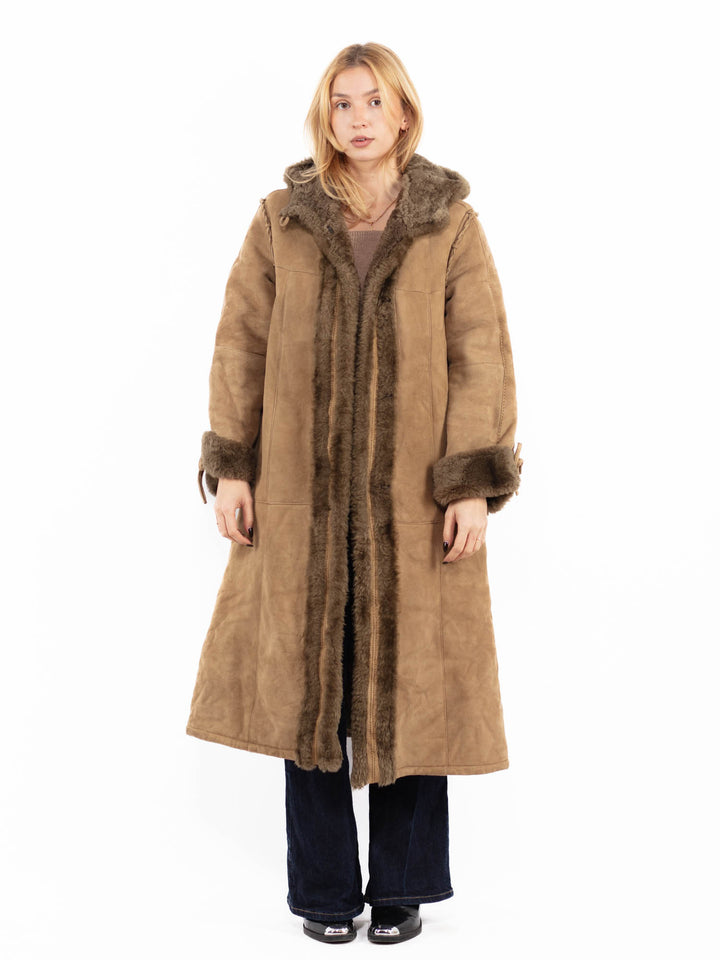 Vintage 80's Hooded Penny Lane Sheepskin Coat in Beige