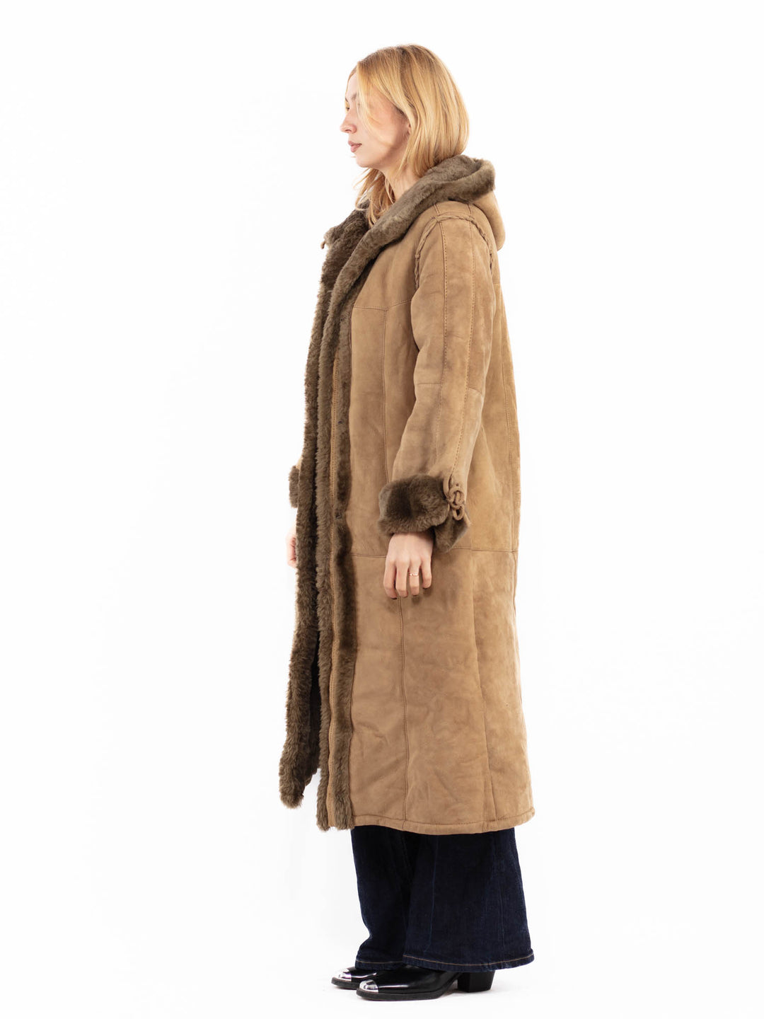 Vintage 80's Hooded Penny Lane Sheepskin Coat in Beige