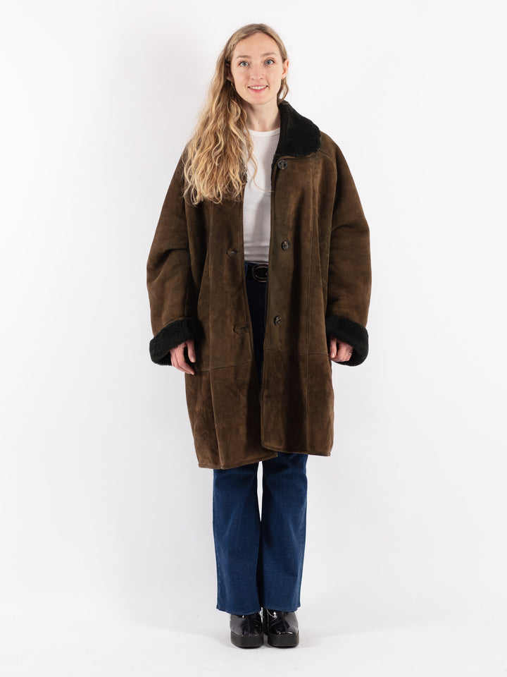 Vintage 80's Women Sheepskin Coat in Green