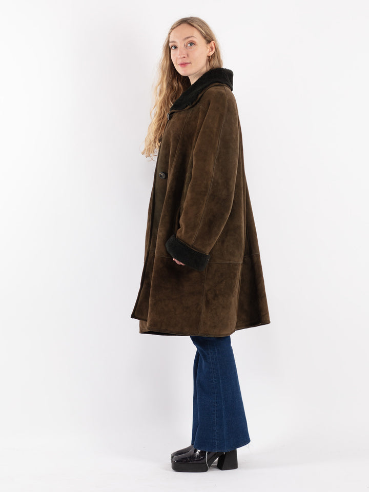 Vintage 80's Women Sheepskin Coat in Green