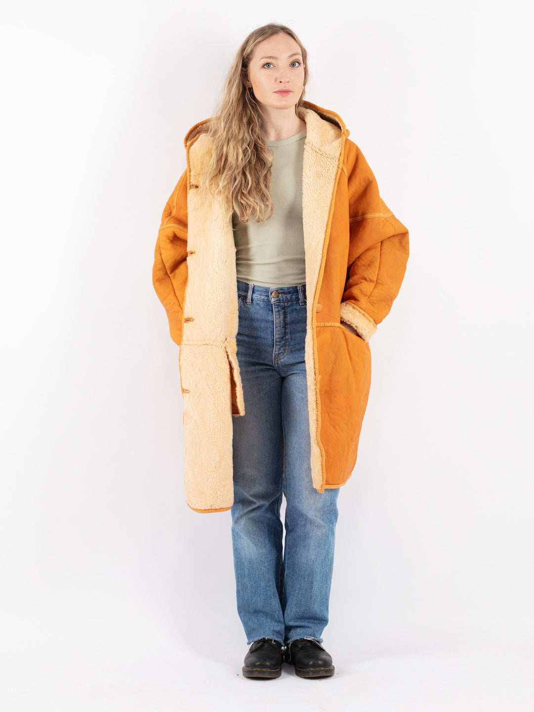 Vintage 80's Women Sheepskin Coat in Orange