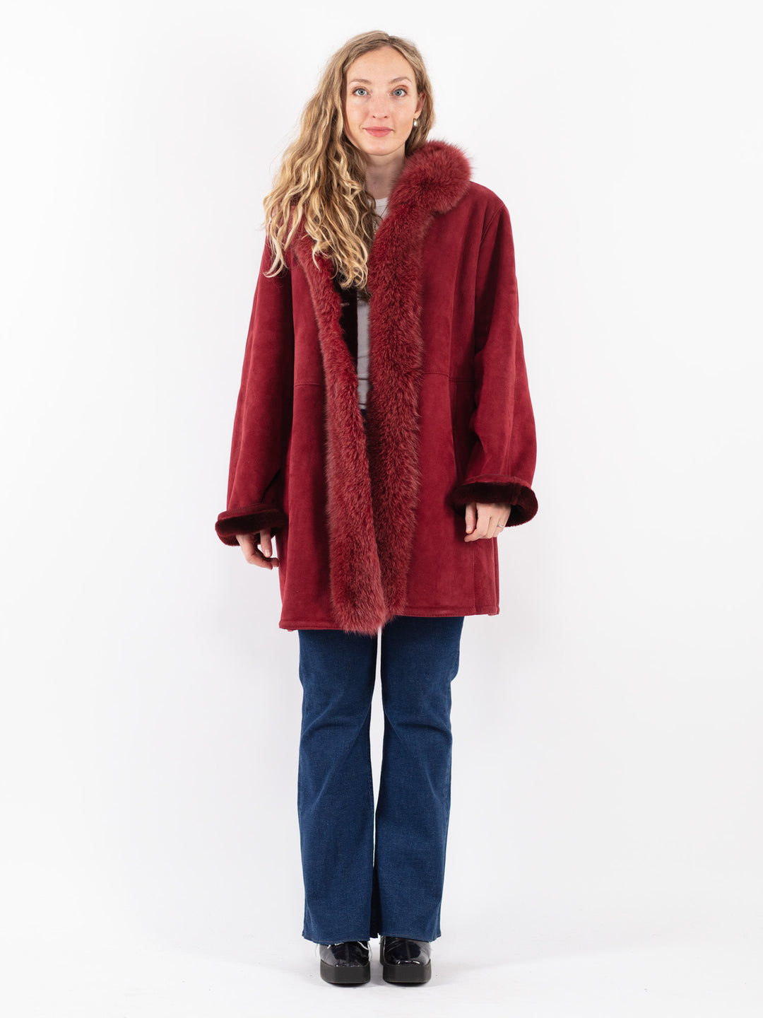 Vintage 80's Women Sheepskin Coat in Red
