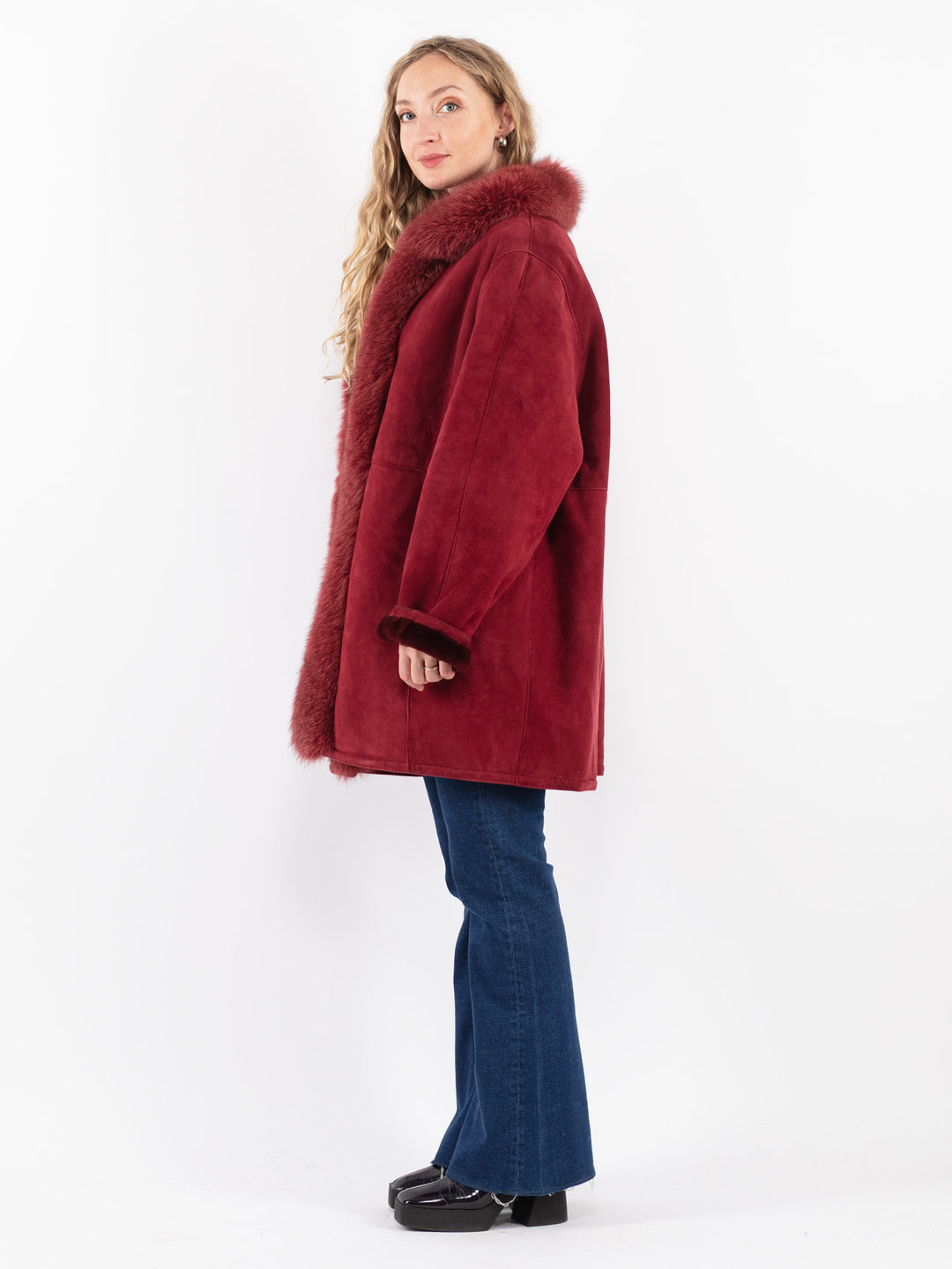 Vintage 80's Women Sheepskin Coat in Red