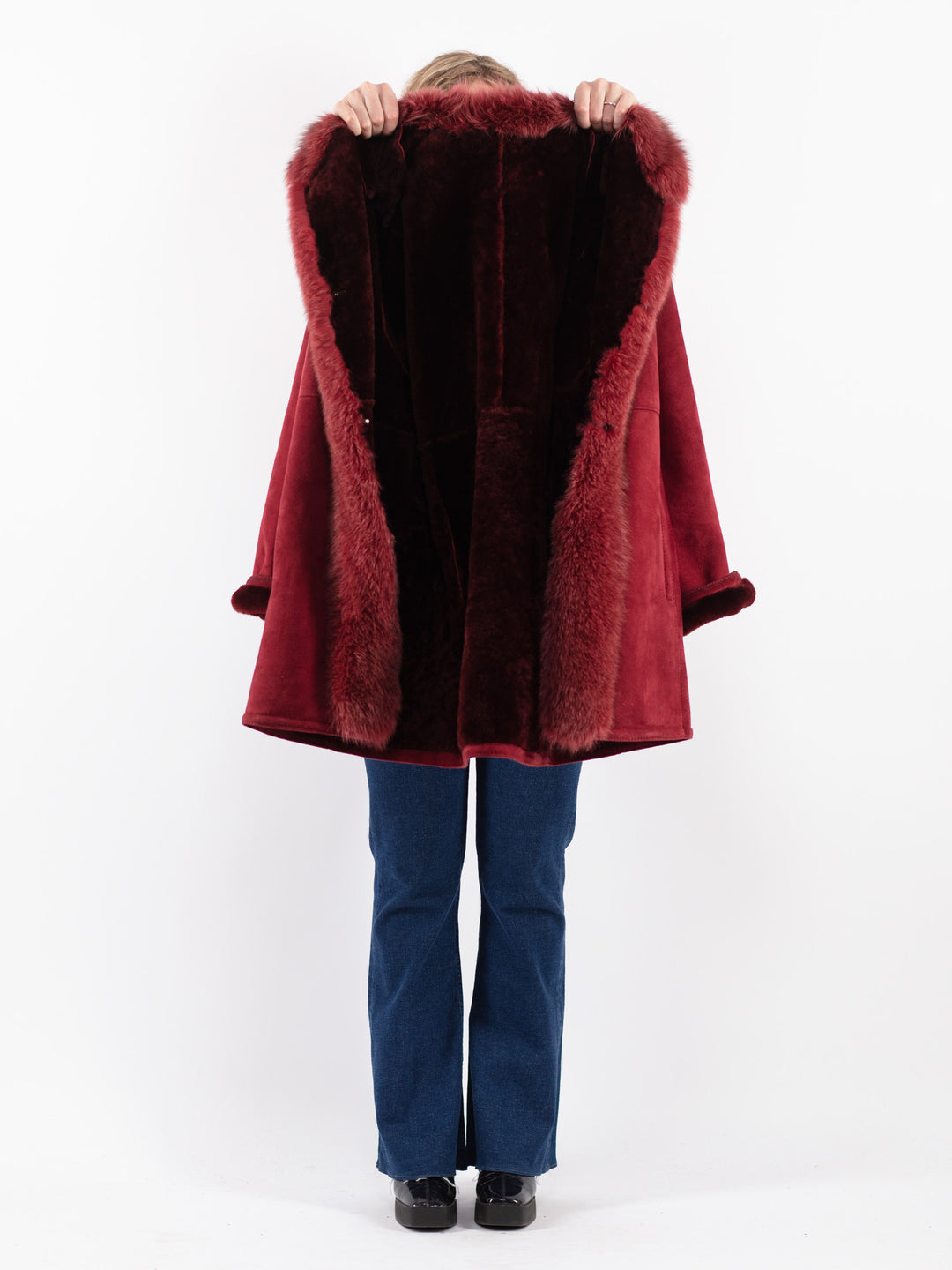 Vintage 80's Women Sheepskin Coat in Red