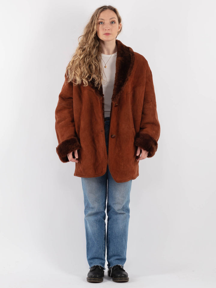Vintage 80's Women Sheepskin Shearling Coat in Brown