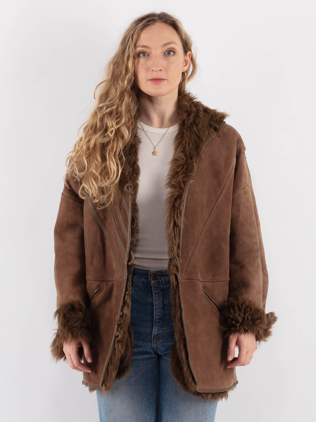 Vintage 80's Women Sheepskin Shearling Coat in BrownV9275