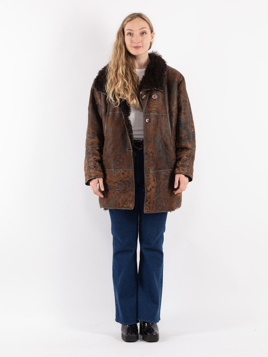 Vintage 80's Women Sheepskin Shearling Coat in BrownV8815