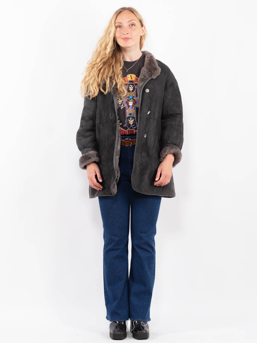 Vintage 80's Women Sheepskin Coat in GrayA0449