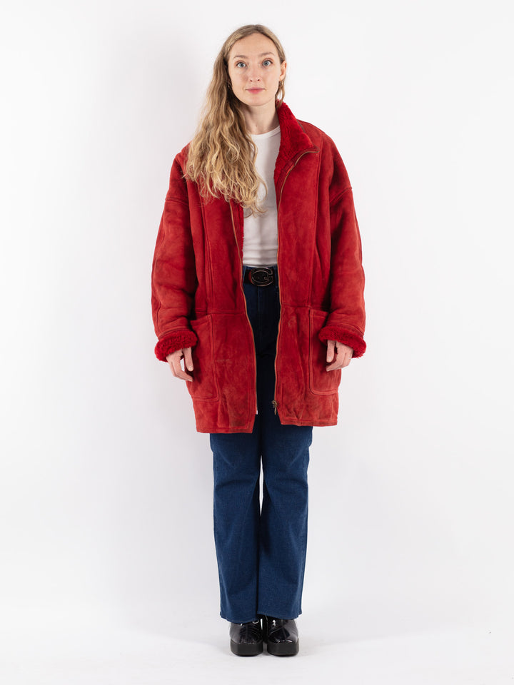 Vintage 80's Women Sheepskin Shearling Coat in Red