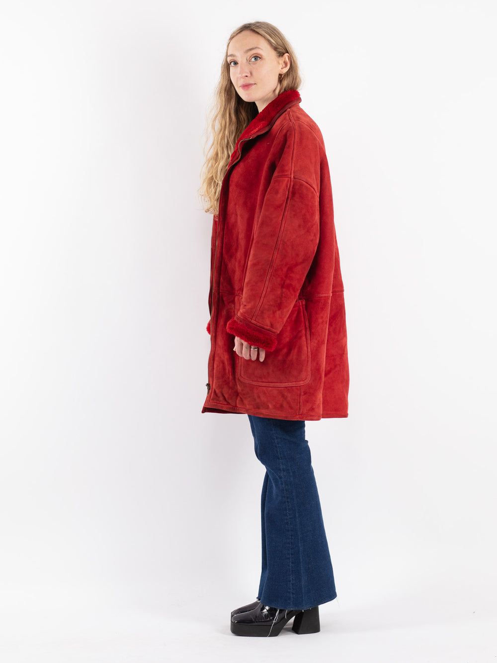 Vintage 80's Women Sheepskin Shearling Coat in Red