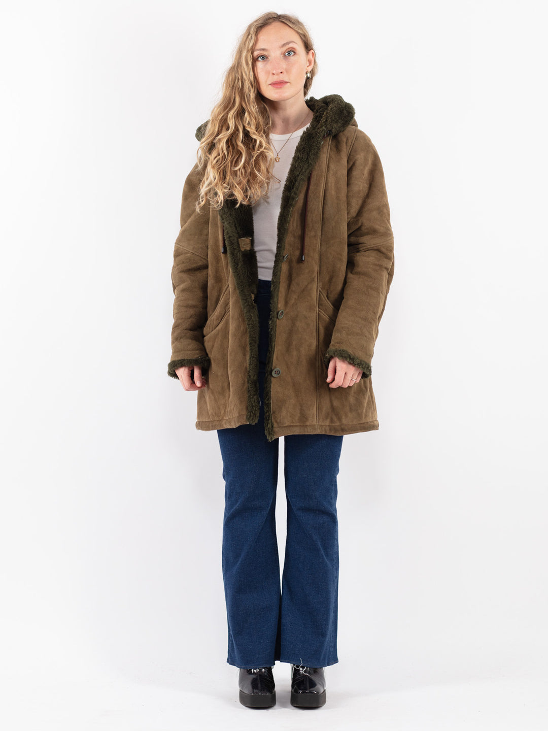 Vintage 80's Women Sheepskin Coat in Green