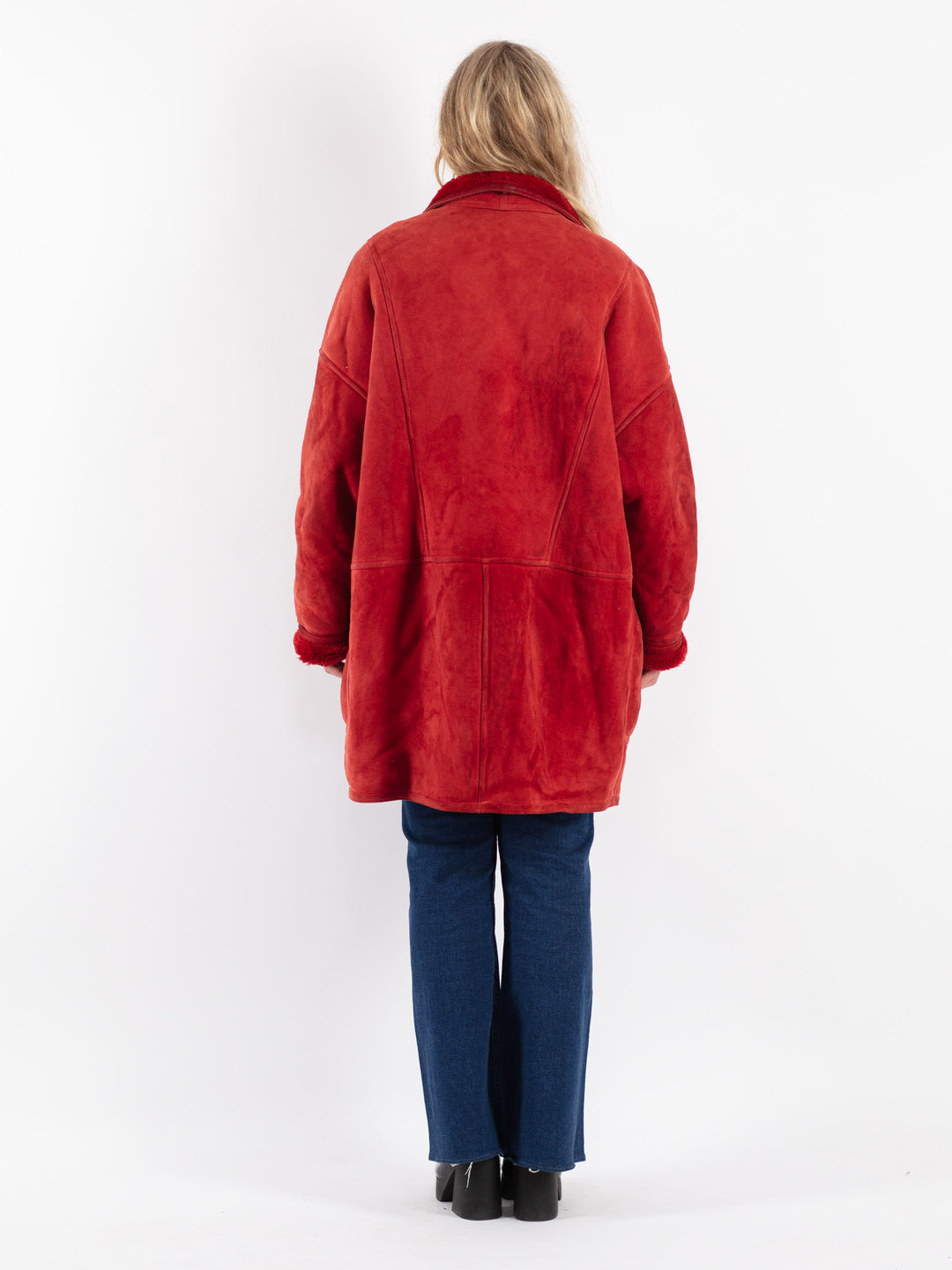 Vintage 80's Women Sheepskin Shearling Coat in Red