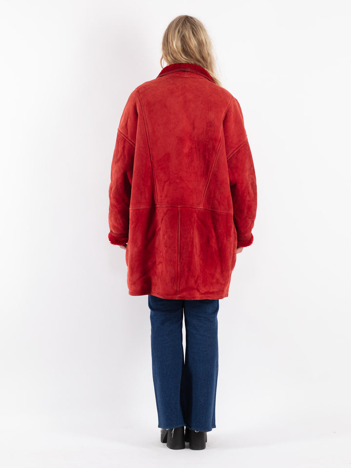 Vintage 80's Women Sheepskin Shearling Coat in Red