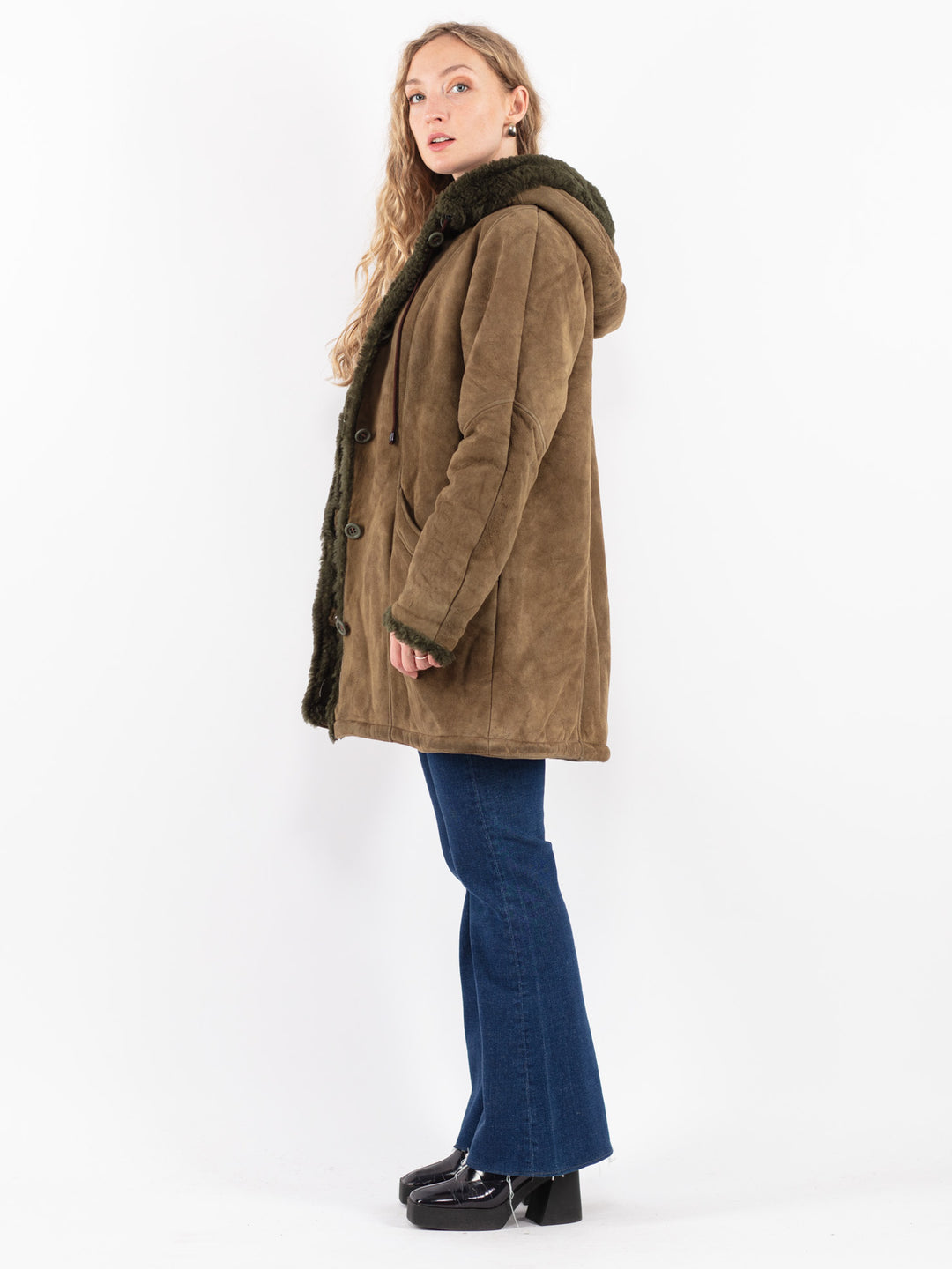 Vintage 80's Women Sheepskin Coat in Green