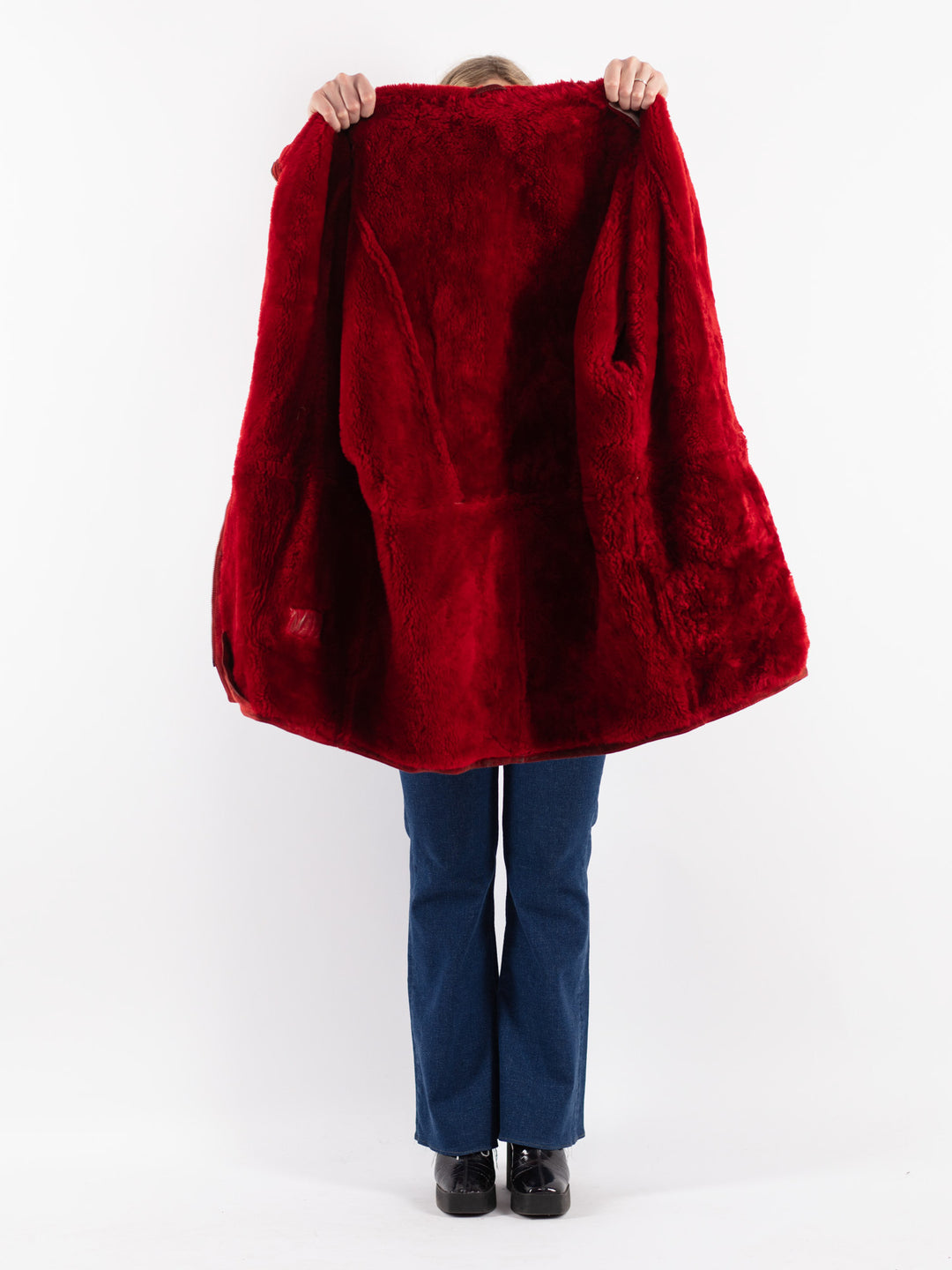 Vintage 80's Women Sheepskin Shearling Coat in Red